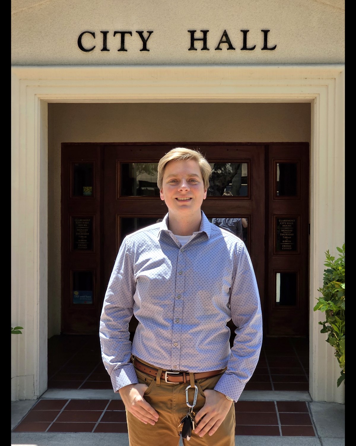Lawrence Mueller, candidate for Claremont City Council District 4, standing in front of Claremont City Hall